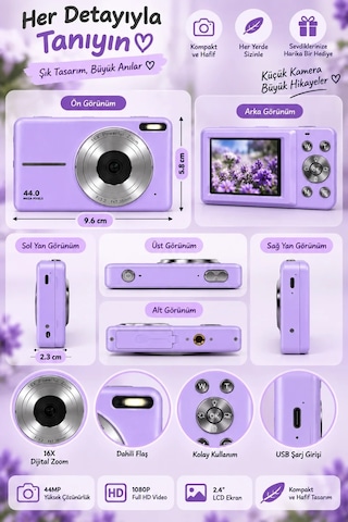 4k Figürlü Çantalı Dijital Video Kamera 44mp 16x Zoom Işıklı Kart Dijital Fotoğraf Makinesi 64gb Hafıza Kart li Mor