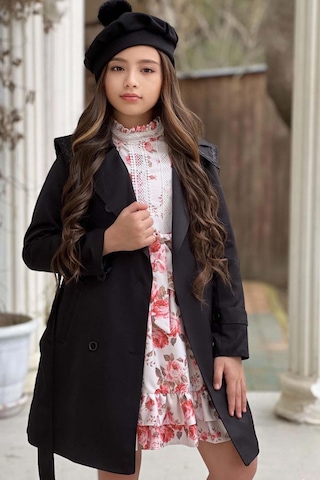 Riccotarz Kız Çocuk Üzeri Dantel İşlemeli Elbise Çift Cep Detaylı Kemerli Siyah Trençkot Siyah