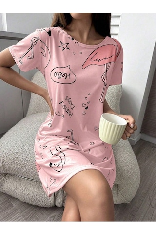 Bella Notte Pembe Baskılı Kısa Kollu Göz Bandı Hediyeli Pijama Takımı