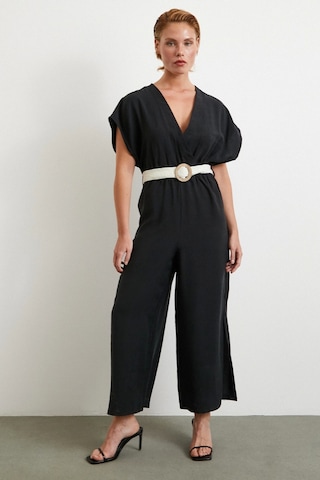 Kemer Detaylı Yarasa Kol Tulum Siyah Siyah