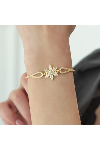 Nereze 925 Ayar Kelepçe Model Gold Beyaz Çiçek Bileklik Kadın Gümüş Bileklik