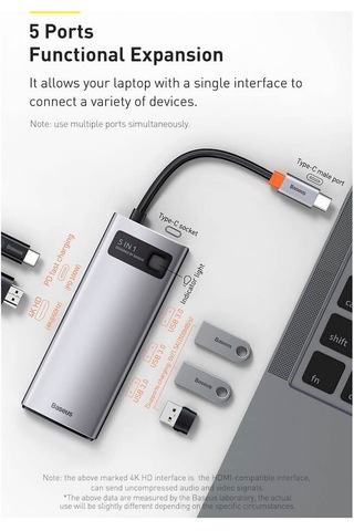 Baseus Metal Gleam 5in1 Multifonksiyonel Type-C Hub Dock Station