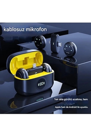 C-08 Kablosuz Profesyonel İkili Yayın Yaka Mikrofonu Şarj Kutu Mıknatıslı Typce Lightning Çıkış Mikr