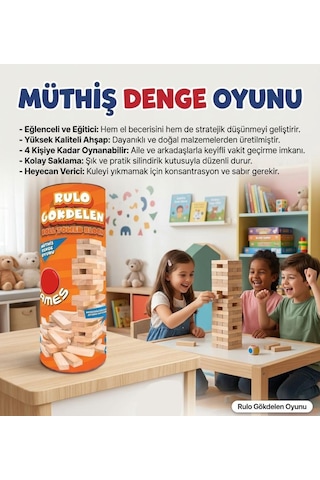 Rulo Gökdelen 54 Parça Ahşap Rulo Kutulu Eğitici Ve Zeka Aile Denge Oyunu