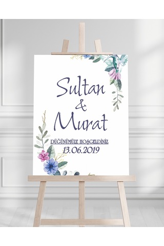 Söz Nişan Düğün İçin 50x70 Karşılama Panosu - Mavi Renk Çiçek Temalı 03 Beyaz