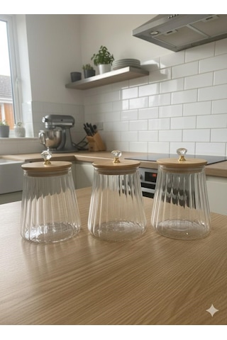 Qerhome Borosilikat Cam Kristal Figürlü Şık Çizgili Chef Prime Cam Kavanoz Mutfak Seti 3 Adet 750 Ml Şeffaf