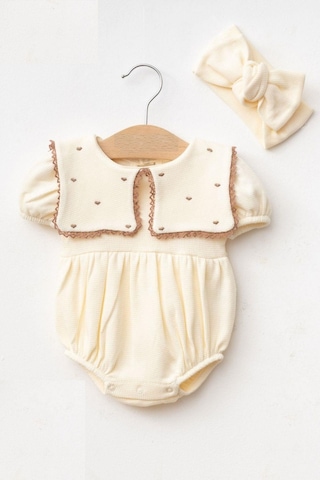 Kız Bebek Maita Kalp Nakışlı Waffle Yazlık Tulum Ekru