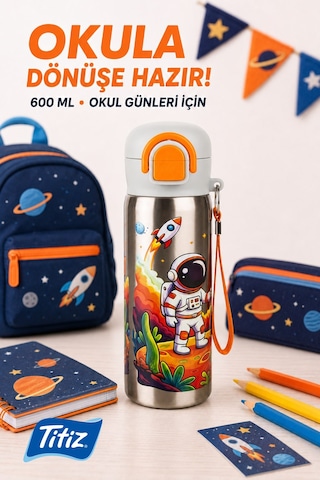 Siply Desenli Paslanmaz Çelik Okul Matarası 600ml Pembe Beyaz Turuncu