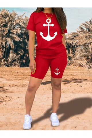 Gülsüm Aydın Kadın Kısa Kollu Çapa Baskılı Viskon Ikili Takım Kırmızı
