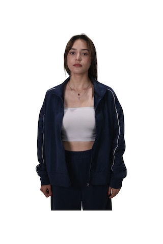 Kadın Modal Kumaş Kontrast Detaylı Rahat Kalıp Lacivert Ceket Hırka Lacivert