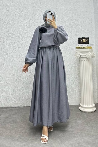 Neşeli Butik Kadın Çiçek Detaylı Etekli Tesettür Takım Nms004 Gri