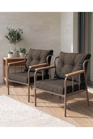 Paris Metal İskeletli Kahverengi Keten Dokulu Balkon Bahçe Berjeri 2 Li Set Cappucino Gövde Modern Tekli Koltuk