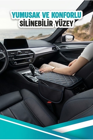 Ford Mustang Mach-e Uyumlu Cepli Deri Kolçak Minderi Koruyucu Örtü Siyah Deri Mavi Dikiş