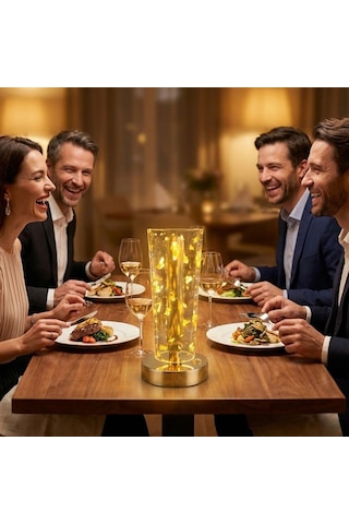 Silindirik Kristal Altın Toz Model Led Masa Lambası Gold Tabanlı, Dokunmatik, 3 Renk Işık Modlu, Şarjlı Modern Dekoratif Gece Lambası 5570 Beyaz