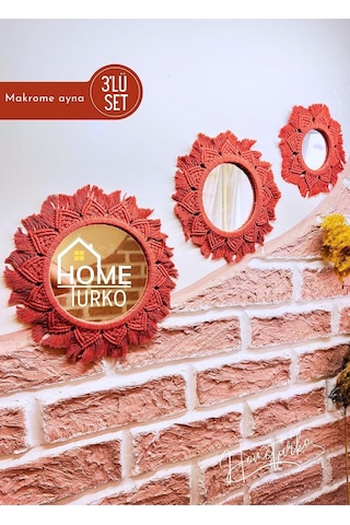 Dekoratif, Iskandinav 3-lü Aynalı Duvar Süsü, Makrome Ayna Seti, Ev, Duvar, Dekoru, Süs Eşyası. Kiremit Çok Renkli