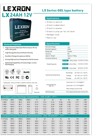 Lexron 24 Ah-12v Jel Elektrikli Araç Aküsü
