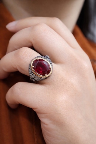 925 Ayar Gümüş Oval Kırmızı Taşlı Otantik Yüzük Bronz