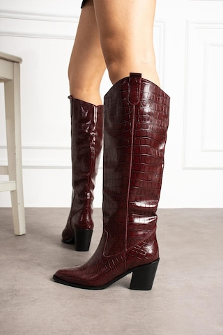 Shoetek Helia Kadın Çizme Kovboy Kroko Desenli Bordo Deri Bordo