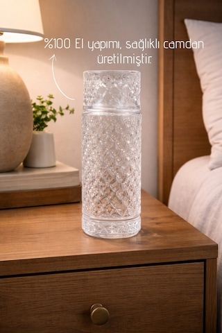 El Yapımı Cam, Kafes Modelli Başucu Sürahisi - 730ml. Bardaklı Sürahi