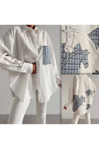 Fashion Cocktail Arkası At İşlemeli Kabartma Ekose Tüvit Düğmeli Cepli Asimetrik Ofis Yama İşi Tasarım Gömlek Mavi