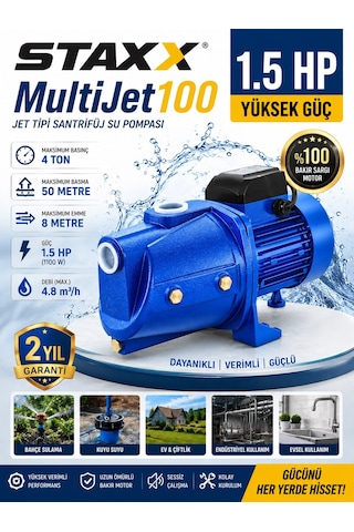 Staxx Stx15mj30 Multi Jet 100 Metal Dişli Sistem Tam Bakır Sargılı 1.5 Hp Büyük Su Pompası 8mt Emiş