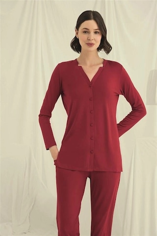Will Like Uzun Kollu Boydan Düğmeli V Yaka Pijama Takımı Kırmızı
