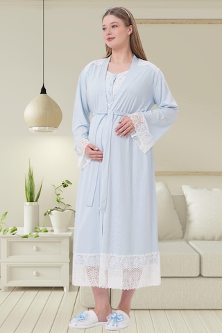 Mecit Pijama Mecit 6204 Mavi Hamile Lohusa Dantelli Sabahlık Gecelik Takım