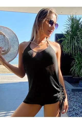 Kadın Eteği Büzgü Detay Boyundan Bağlamalı Mini Triko Pareo Siyah