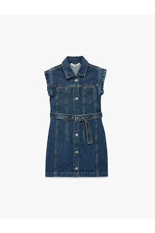 Koton Pamuklu Kolsuz Kuşak Detaylı Gömlek Yaka Denim Elbise Orta İndigo 6skg80003ad İndigo