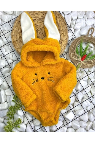 Aden Kids Kapüşonlu Bebek Peluş Çıtçıtlı Badi Sarı