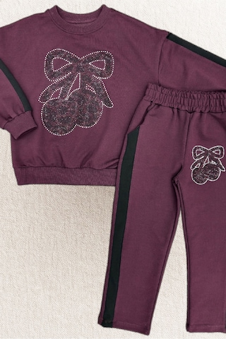 Kız Çocuk Taş İşlemeli Kiraz Ve Fiyonk Desenli-2 İplik-alt-üst Takım-5-12 Yaş 12445 Mürdüm