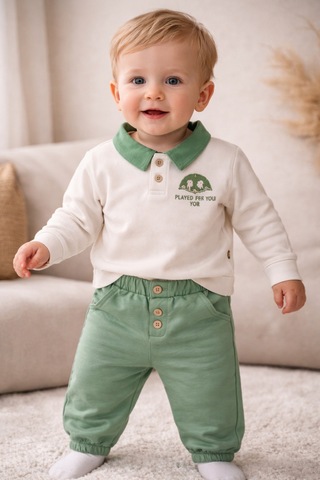 Uğur Bebe Erkek Bebek Polo Yaka 2 Li Takım Uzun Kollu Üst Ve Lastikli Pantolon %100 Pamuk Ekru Yeşil Ekru Yeşil