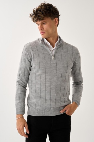 Dikey Dokuma Desenli Fermuarlı Triko Kazak Gri