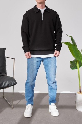 Prtnc Protonic Erkek Polo Yaka Oversize Siyah Sweatshirt Yarım Fermuar Sweatshirt Siyah