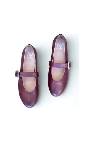 Ne&ve Shoes Bordo Karartmalı Hakiki Deri Yuvarlak Burunlu Tokalı Kadın Babet