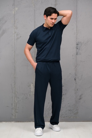 Mass Plus Regular Fit Likralı Kendinden Çizgili Yarım Baggy Pantolonlu T-shirt Takım Lacivert