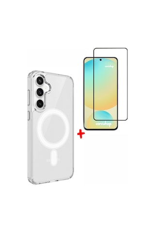 Samsung Galaxy S26 Fe Uyumlu Tam Kaplayan Temperli Kırılmaz Cam + Magsafe Kılıf Silikon Kapak Set Şeffaf