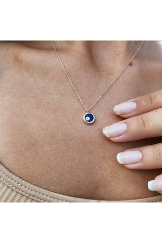 Ala Lacivert Lazer Mineli Nazar Boncuğu Göz Tasarım Taşsız Modern Hediye Tarz 14 Ayar Altın Kolye
