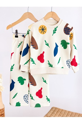 Elzo Collection Unisex Meyve Ve Figür Desenli Sweatshirt Eşofman 3iplik Kumaş Alt Üst Takım Çok Renkli