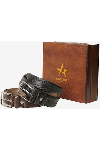 AC&Co / Altınyıldız Classics Erkek Siyah-kahverengi Özel Ahşap Kutulu 2'li Takım Elbise Kemeri Damat Bohçası Kahverengi - Siyah