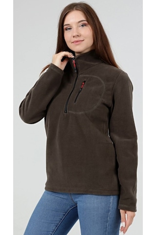 Genius Store Kadın Polar Yarım Fermuarlı Outdoor Cepli Spor Polar Haki