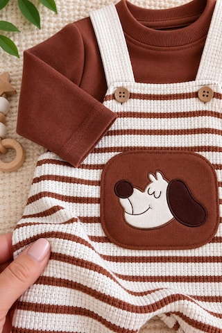 Minigimin Cicileri Köpek Nakış Detaylı Çizgili Gofre Salopetli Erkek Bebek 2 Li Takım - Kahve