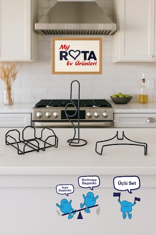 Servis Sunum Seti, Rota Kağıt Havluluk, Kare Peçetelik, Üçgen Nihale, Üçlü Set, Paslanmaz Çelik Tel Siyah