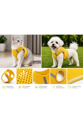 Nefes Alan Kumaş Air Mesh Kedi Köpek Göğüs Tasması Xx Small 28x32 Cm Neon Sarı