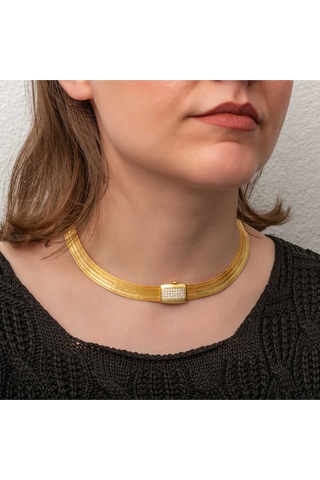 Casera's Gümüş Gold Zirkon Taşlı Trabzon Hasır Kadın Kolye Csr2181329 Gümüş