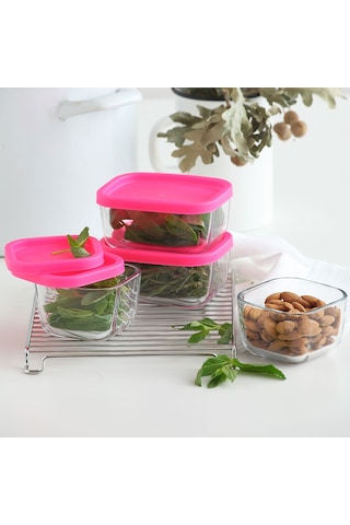 LAV Cube Cam Saklama Kabı 2'li Küçük Boy 405 ml Dikdörtgen Pembe Plastik Kapaklı (Kahvaltılık )