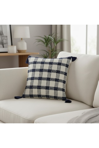 4 Lü Püsküllü Kırlent Kılıf Seti 45 45 Cm Modern & Şık Ev Dekoru Lacivert Beyaz