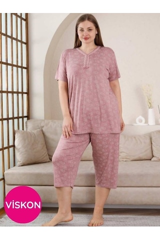 Kadın Gül Kurusu V Yaka Dantel Detay Viskon 3 Düğmeli Kısa Kol Yazlık Büyük Beden Kapri Pijama Gülkurusu