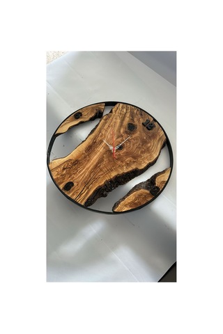 Niş Tasarım 48 Cm El Yapımı Doğal Zeytin Ağacı Epoksi Detaylı Dekoratif Duvar Saati Modern & Artizan Tasarım Kahverengi