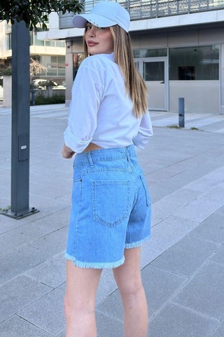 WeShaya Kadın Mavi Püsküllü Paça, Yüksek Bel, Rahat Denim-kot Şort Açık Mavi
